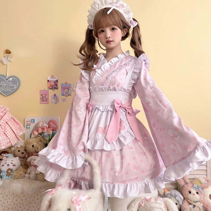 Japanese Kawaii Lolita Dress Women Sweet Cute Bunny Print Bow Party Mini Dresses Harajuku Y2k Ruffes Apron Maid Lolita Set