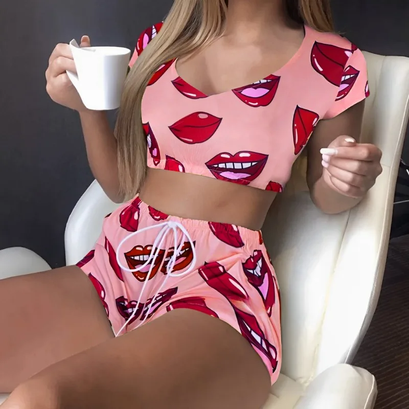 Summer Fashion Crew-neck Women's Waist-less Pajama Shorts Two-piece Lip-printed Crew-neck Elastic Home Wear women pajamas set