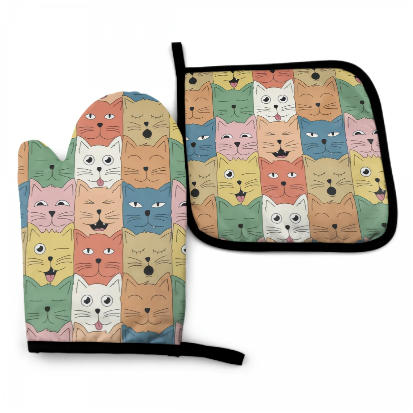 

Colorful Cute Cats Oven Mitt and Pot holder Set Heat Resistant Non Slip Kitchen Gloves with Inner Cotton Layer for Cooking BBQ