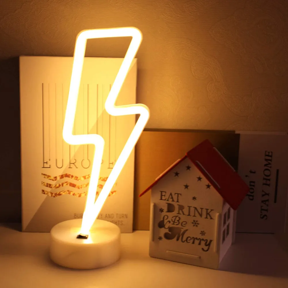 

LED Neon Sign Lightning Shaped USB Battery Operated Night Light Decorative Table Lamp for Home Party Living Room Decoration