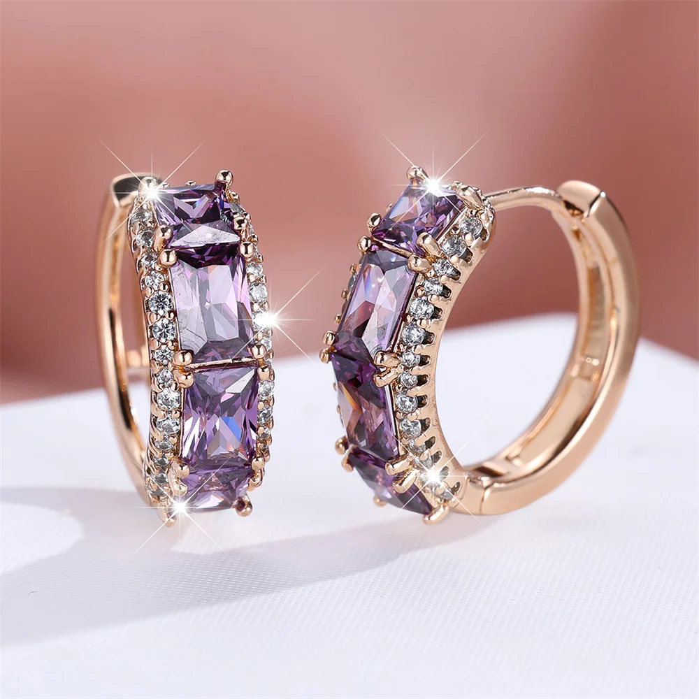 Purple Crystal Square Stone White Zircon Hoop Earrings For Women Vintage Gold Color Ear Buckle Wedding Jewelry Versatile Gifts