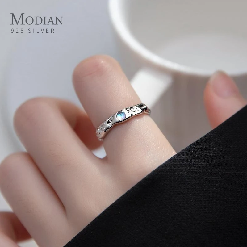 MODIAN  절묘한 월장석 오픈 사이즈 반지, 불규칙한 깨진 실버 블록, 여성용 파인 주얼리 선물