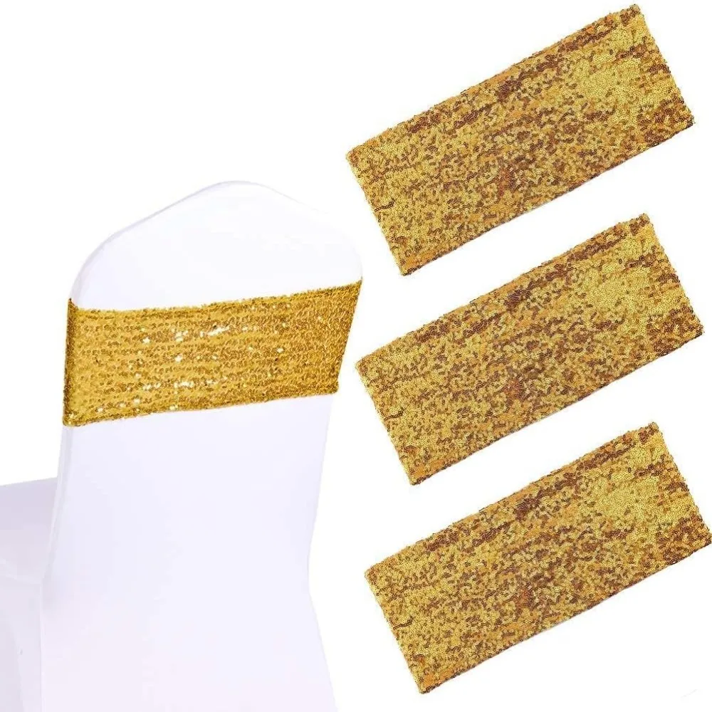 50Pcs Sequin Chair Sashes 5.9"x13.78" Stretch Spandex Bands Sparkling Chair Cover Decorations for Wedding Banquet Party Festival