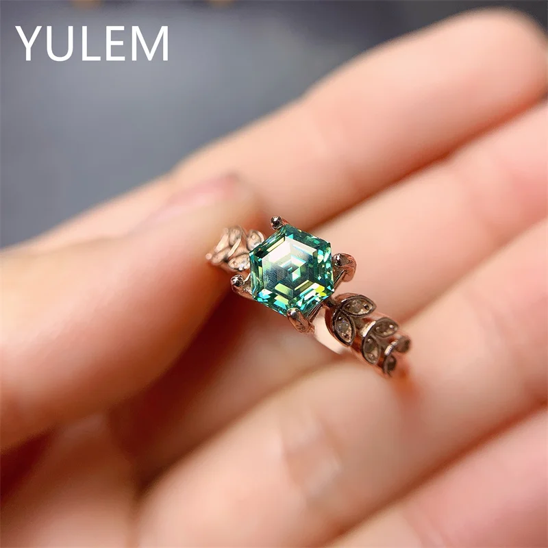

Sterling Silver Rings with 6*6 Hexagon Green Moissanite 1ct Luxury Engagement Rings for Women