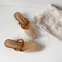 Vintage Woven 1 Slip-on Toe Half Slippers Women's New Outwear French Fairy Style Thick Heel Holiday Shoes - Image 3