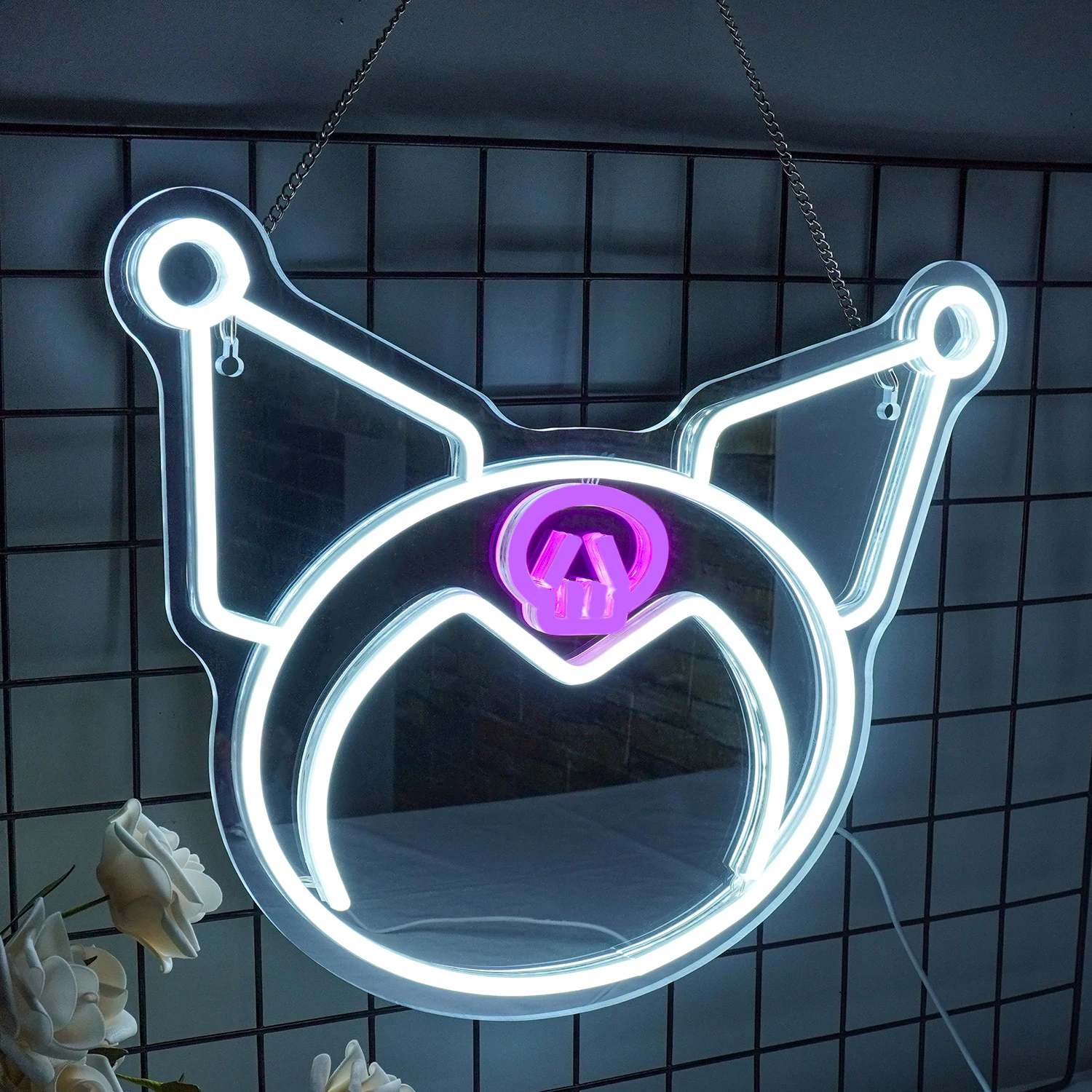 Sanrio Kuromi Neon Makeup Mirror Decor Adjustable Brightness For Room Bedroom Makeup neon makeup mirror