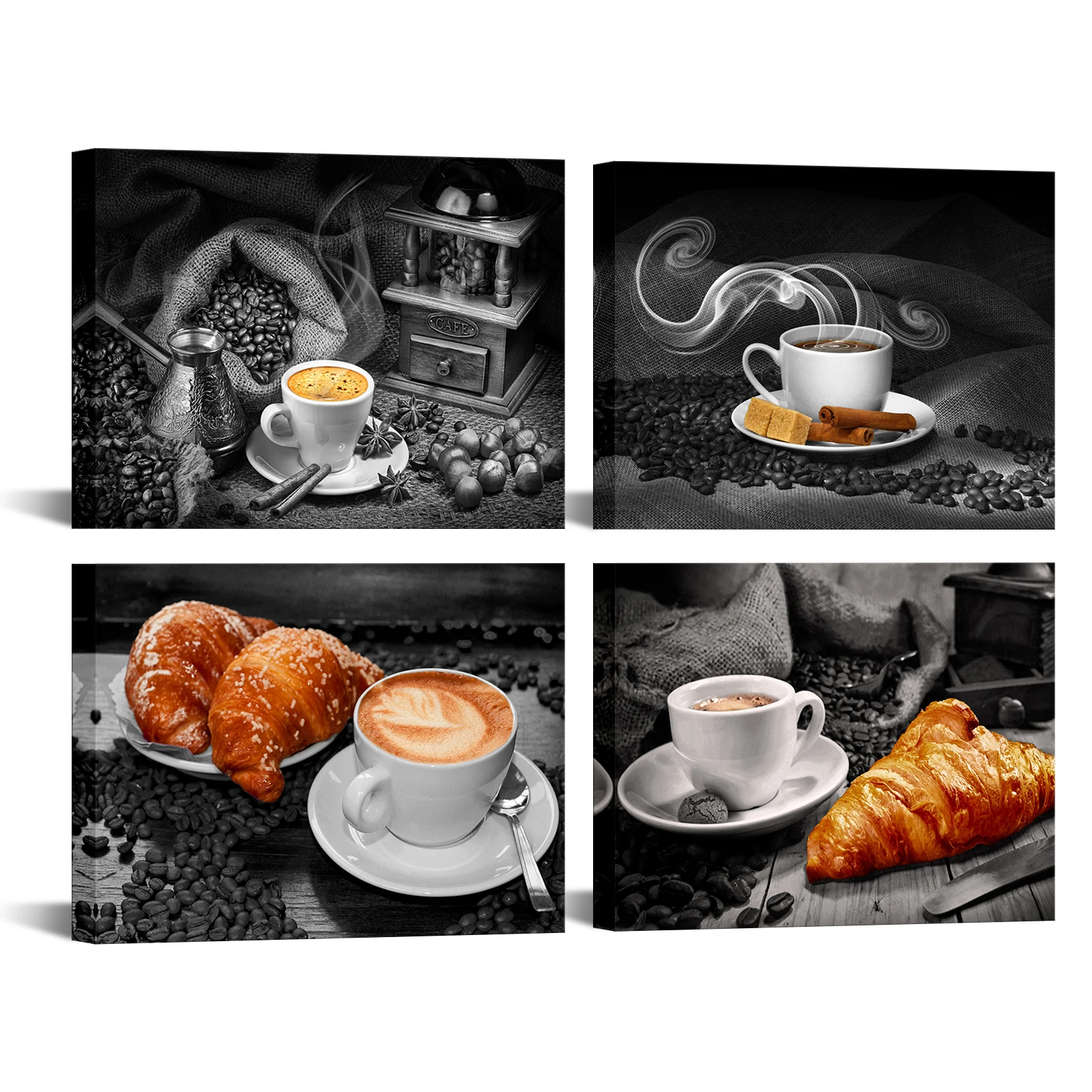 

4 Pieces Coffee and Bread Poster Home Decor Delicious Food Print Canvas Art Modern Style Pictures Dinning Room Wall Art