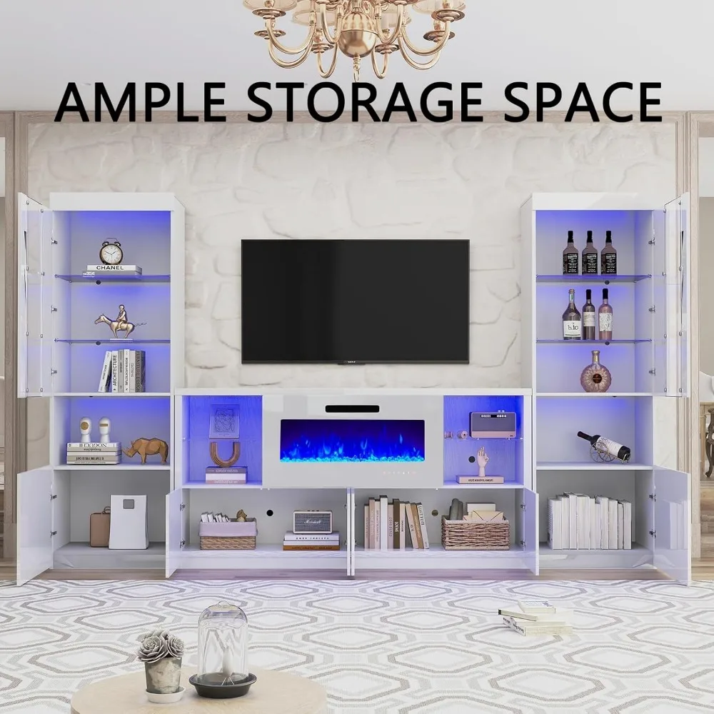 3 Piece Modern High Gloss Fireplace TV Stand + Bookcase Set for Living Room Includes 68" TV Stand with 40" Fireplace 4