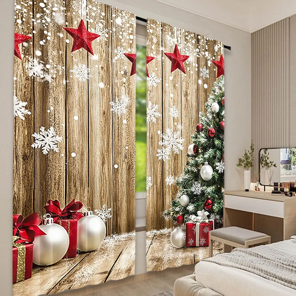 2Pcs Christmas Curtains Rustic Snow Christmas Tree Gifts For Christmas Party Decoration Suitable For Bedroom Living Room Dining 2