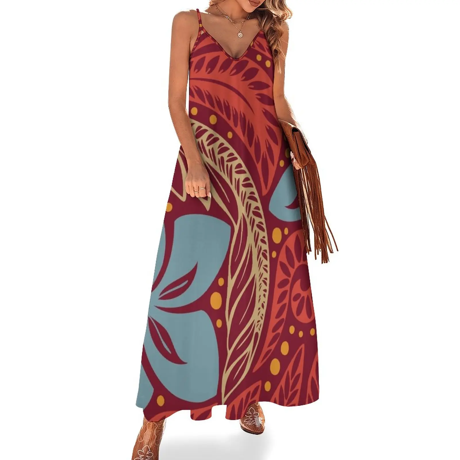 

Polynesian Hawaiian red blue floral tattoo design Sleeveless Dress women formal occasion dresses ceremony dresses
