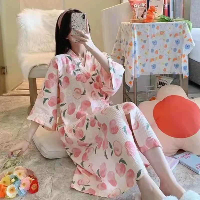 S-4XL Robes Women Loose Summer Home Breathable Printed Delicate Lovely Fashion Vintage Lace-up Sleepwear V-neck Soft Aesthetic