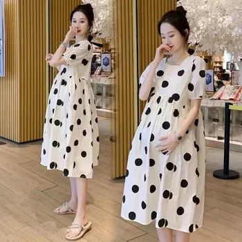 Fashionable Loose Long Pregnancy Dress Polka Dot T-shirt Summer Clothes Women Short Sleeve Fiber Fabric