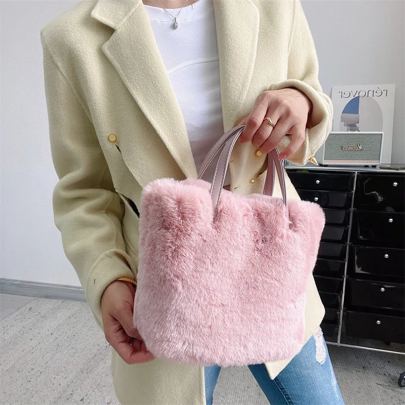 Practical Large-capacity Bucket Bag Handbag Fashionable Imitation Rabbit Fur Plush Bag Tote Winter New Designer ladies handbag