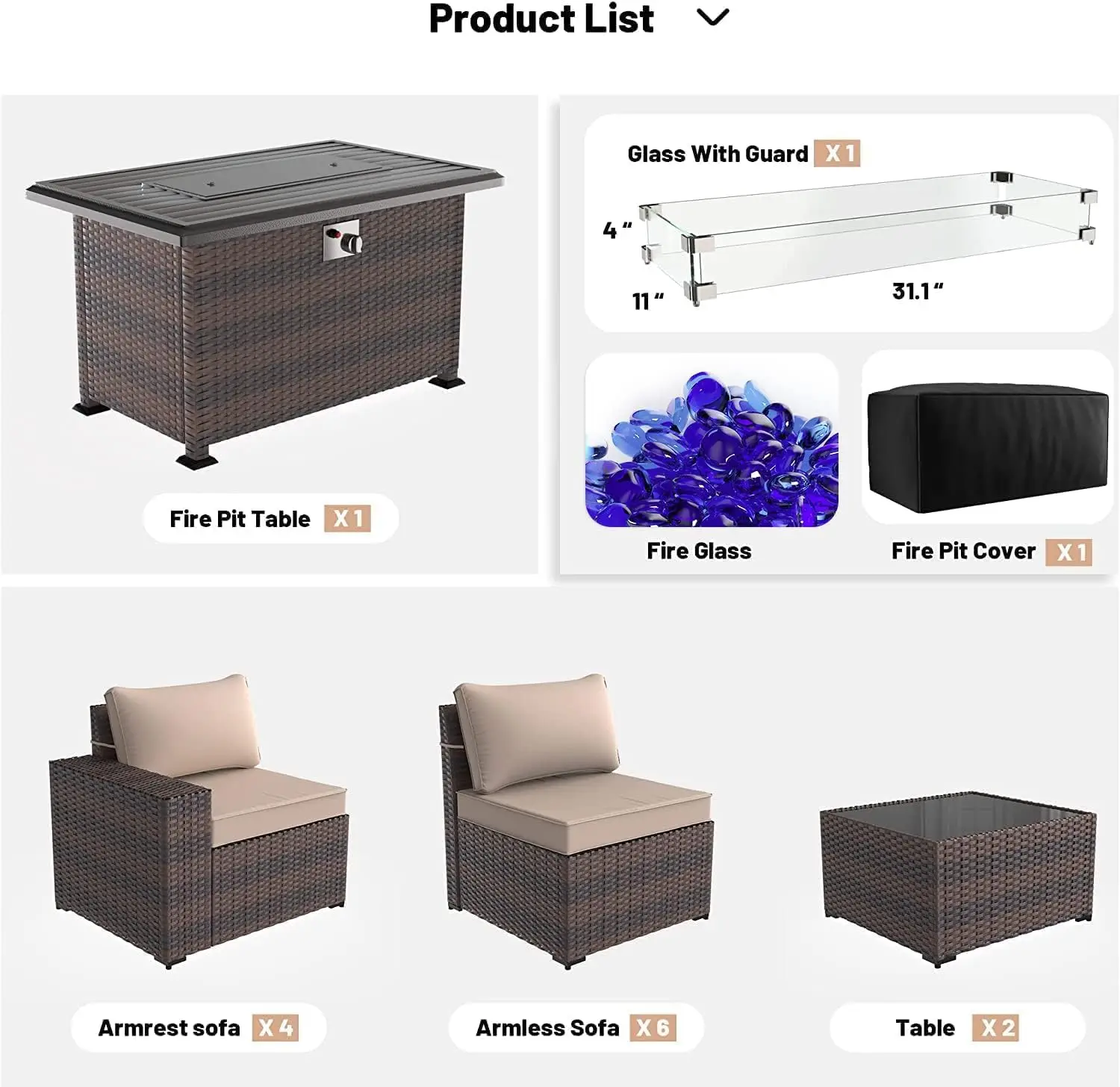 13 Pieces Outdoor Patio Furniture Set with 43" 55000BTU Gas Propane Fire Pit Table PE Wicker Rattan Sectional Sofa Patio