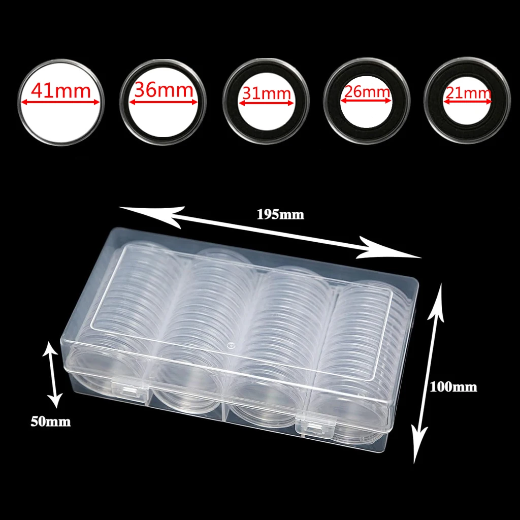 검은색 가스켓이 있는 60Pcs 41mm 동전 캡슐 및 5가지 크기(21/26/31/36/41mm) 동전 수집 홀더용 보관 주최자 상자