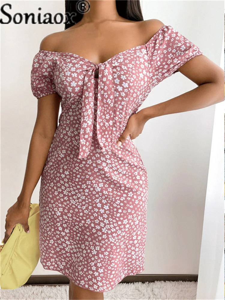 

Elegant Ladies Boho Short Sleeve V Neck Party Dress Women Fashion Sexy Off Shoulder Mini Dress 2022 Floral Print Dresses Female