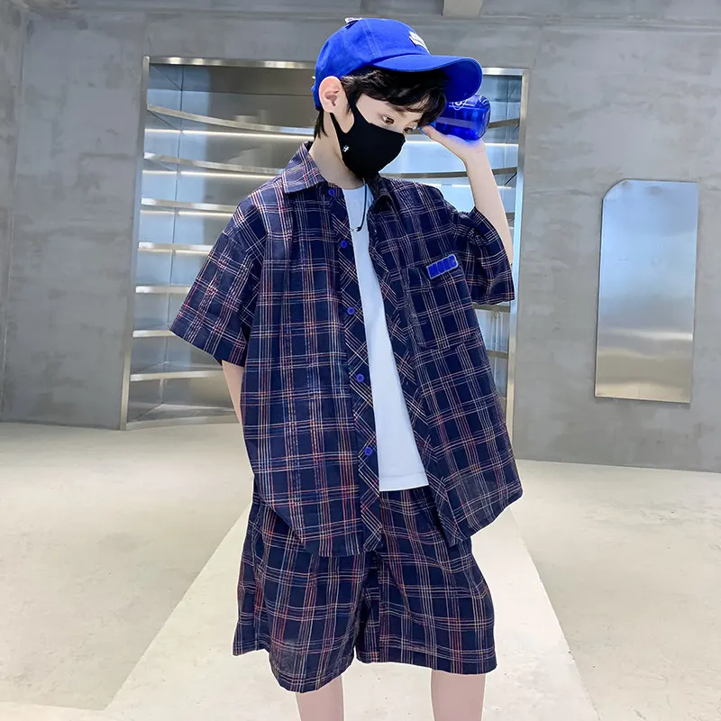 

Boys Summer Sets Clothing 2023 New Children Streetwear Boy Short Sleeve Shirt + Shorts Two-Piece Sports Suit Plaid Loose Outfits