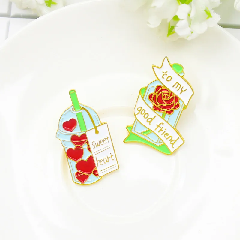 

MIX DESIGNS Full of Heart Soft Drinking Enamel Label Pin Holiday Gifts Badges For Woman Backpack Kids Pins WHOLESALE