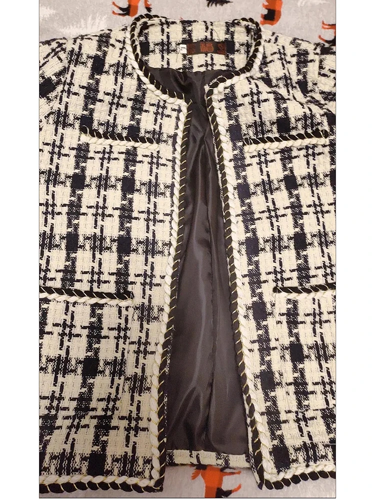 Vintage Houndstooth Tweed Blended Jackets For Women 2023 Jacket Short Coat Korean Fashion Long Sleeve Winter Thickening Clothes