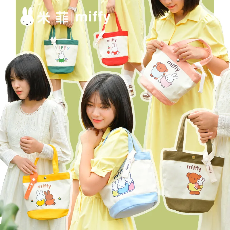 Miffy 2023 Autumn Winter New Product Single Shoulder Portable Canvas Kawaii Lovely Kawaii Bucket Bag Female Girl Daily Matching 3pieces lot candy color macarons storage box portable mini gift package box lovely jewelry package box case for small items