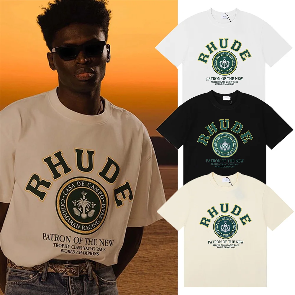 

RHUDE High Quality Summer Letters logo Printing T-Shirt Men and Women Fashion Vintage Loose Hip Hop Couple T-shirt With Tags