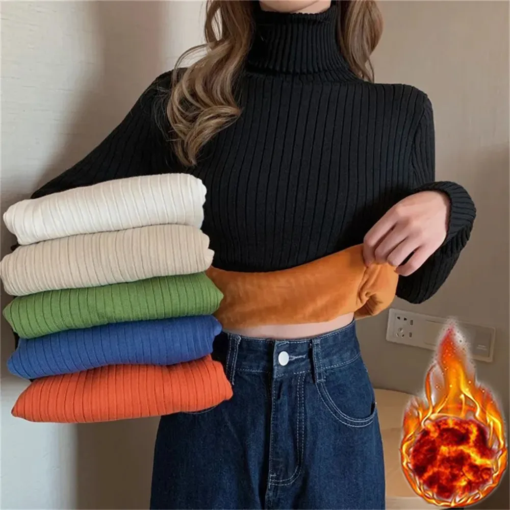 

Casual Knit Fleece Basic Thicken Velvet Jersey Turtleneck Soft Warm Elegant Winter Pullover Thicken Long Sleeve Top Slim Sweater