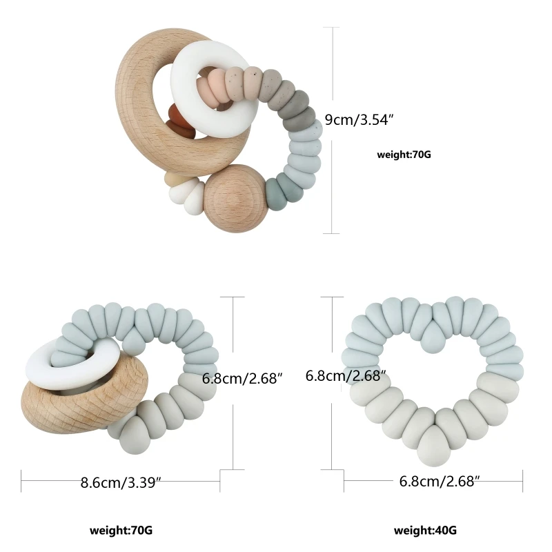 1pc BPA 무료 실리콘 Teether 심장 모양 나무 반지 팔찌 실리콘 구슬 설치류 Molar Teething Rattle