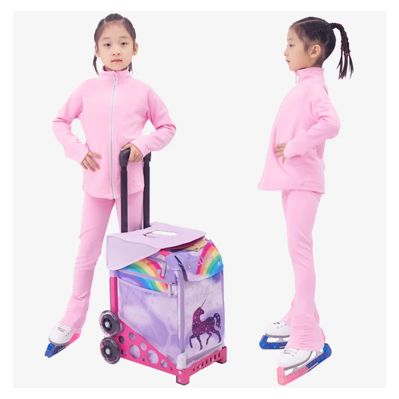 New Ice Figure Skating Jacket Pants Women Girl Trousers Top Black Teens Children Kids Colored Blue Rhinestones Training