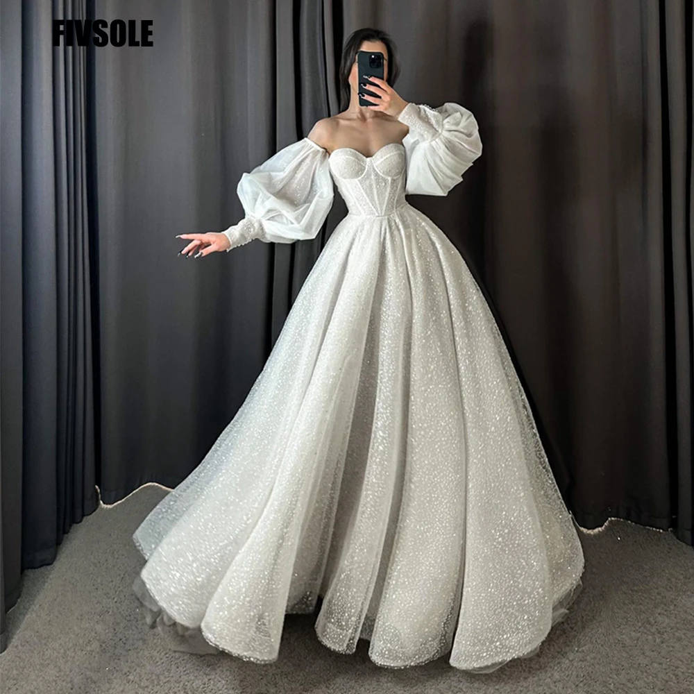 

Fivsole Glitter Tulle Ball Gown Robe De Noiva Wedding Dress Sweetheart Long Puff Sleeves Wedding Gowns Plus Size Amanda Novias