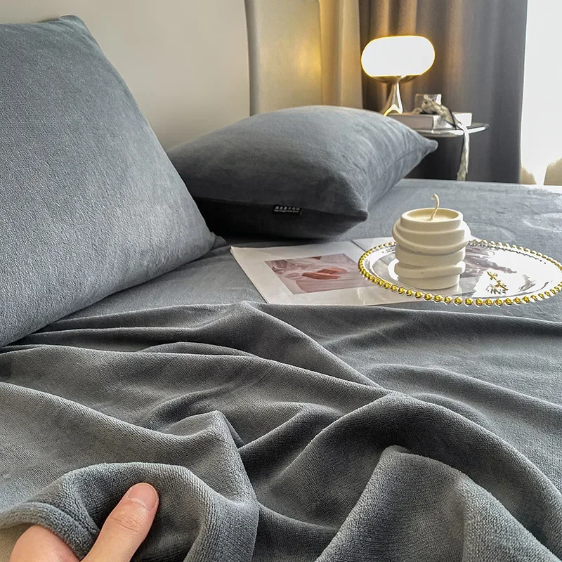 2024 New High Gram Heavy Milk Velvet Solid Color Single Product Bed Sheet Thickened Warm Mattress Cover Skin Friendly Bedding 5