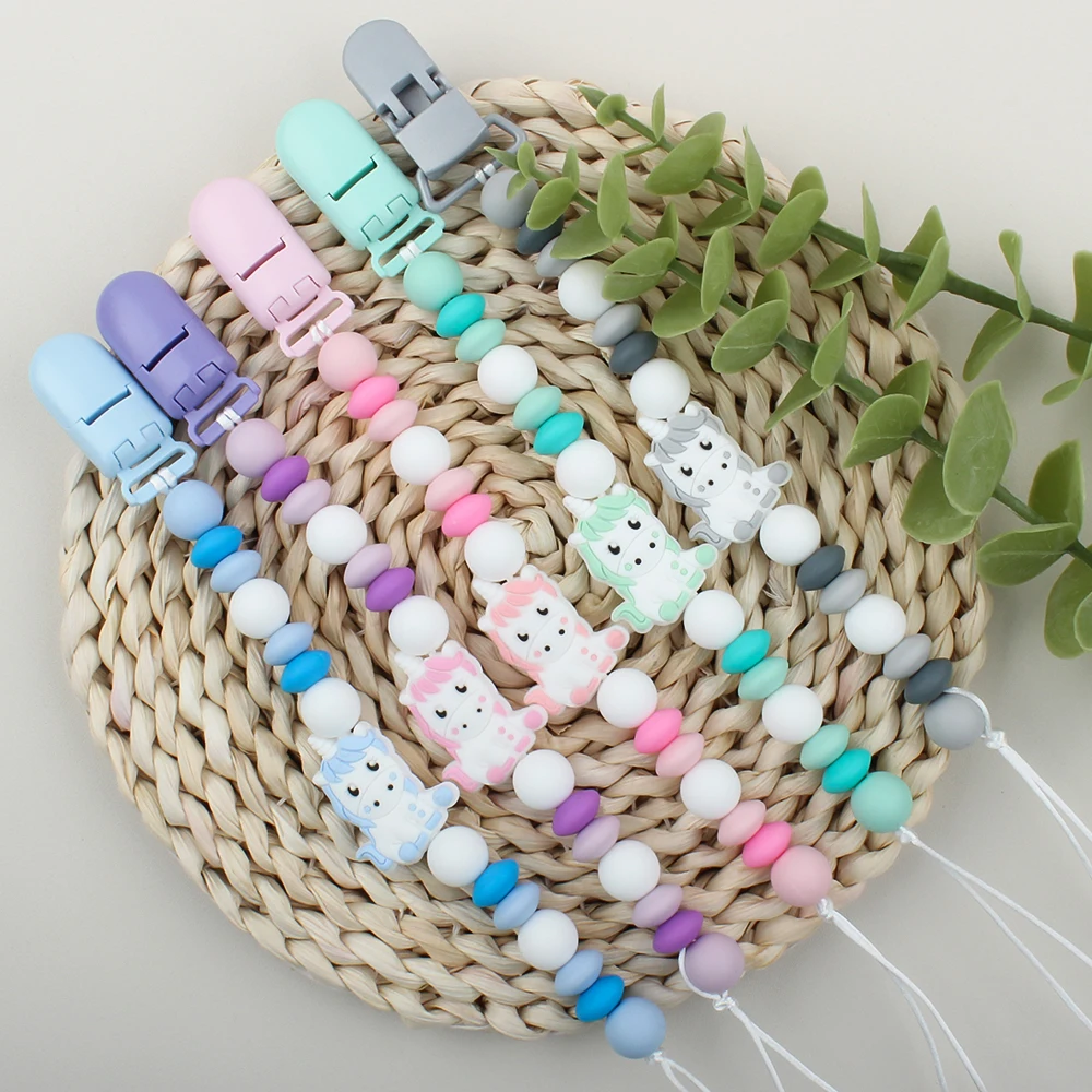 Pacifier Chian Baby Pacifier Holder Unicorn Silicone Beads Anti-Lost Nipple Holder Teething Dummy Holder Chew Gift Accessories
