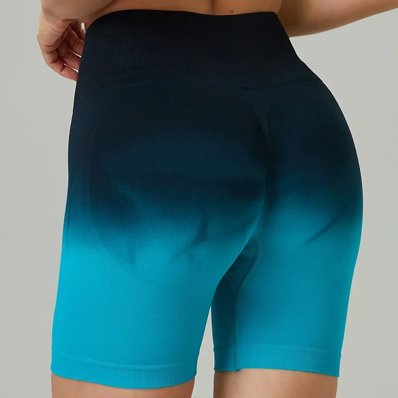 Gradient Colour Wide Waist Sports Shorts Women Slim Workout Running Yoga Shorts Seamless Push Up Tights