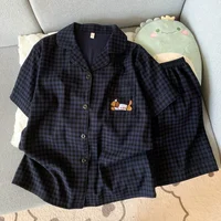 Embroidery Dog Sweet Fashion Cute Pajamas Set for Women Plaid Lapel Neck Elastic Waist Design Pajamas Short New Casual Nightwear - Image 4