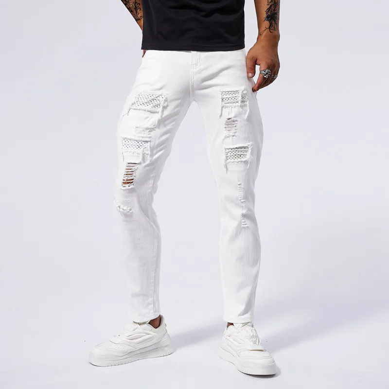 Stretch Rhinestone White Jeans Men Clothing 98% Cotton Ripped Slim Fashion Small Feet Hip Hop Male Denim Trousers Streetwear