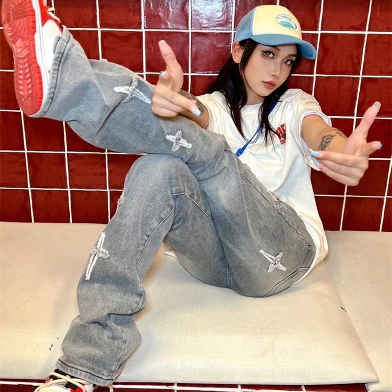 

Vintage Streetwear Cross Star Embroidery Jeans Woman High Waist Y2k Baggy Denim Pants 2023 Grey Casual Women's Trend Trousers