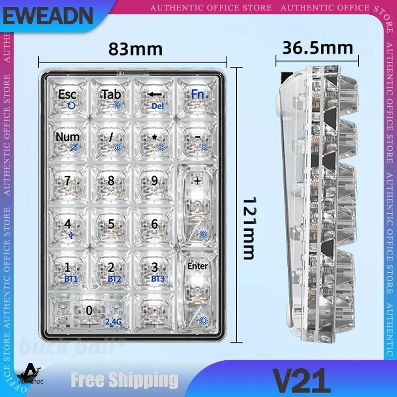 

Eweadn V21 Numeric Keypad 3 Mode 2.4G Bluetooth Wireless Keypad 21key Rgb Backlight Transparent Numeric Mechanical Keyboard Gift