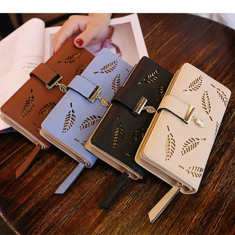Sweet Girls PU-Leder-Geldbörse mit mittellangem, horizontalem Reißverschluss, hohles Blatt-Design, Münzgeldbörse, Kartenhalter, Aufbewahrungstasche für Damen