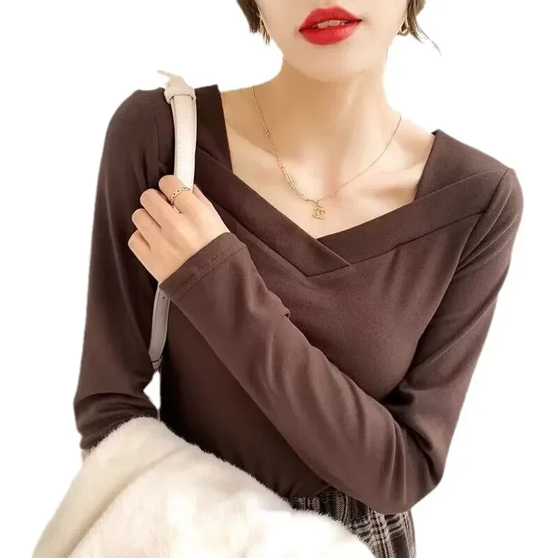 

2023 Autumn Winter T-shirt Fashion Women's Square Neck Irregular Shirt Slim Top Long Sleeve Woman Clothes New Elegant 30072