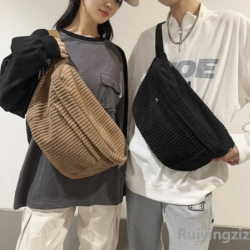 Marsupio di grande capacità Borse a tracolla a spalla da donna Marsupio casual Borsa per telefono semplice Marsupio in velluto a coste Borsa a banana da donna - immagine 2