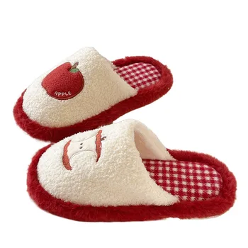 Fashion Grid Stripe Cute Plush Slippers Non-Slip Thick Sole Winter Slides Women Silent Casual Home Wear Shoes Women 1
