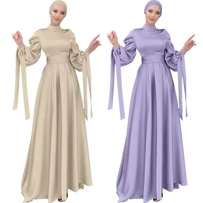 

New Stand Collar Satin Dress Feminine Corset Puff Sleeve Long Dress Dubai Abaya Turkey Muslims Women Dress