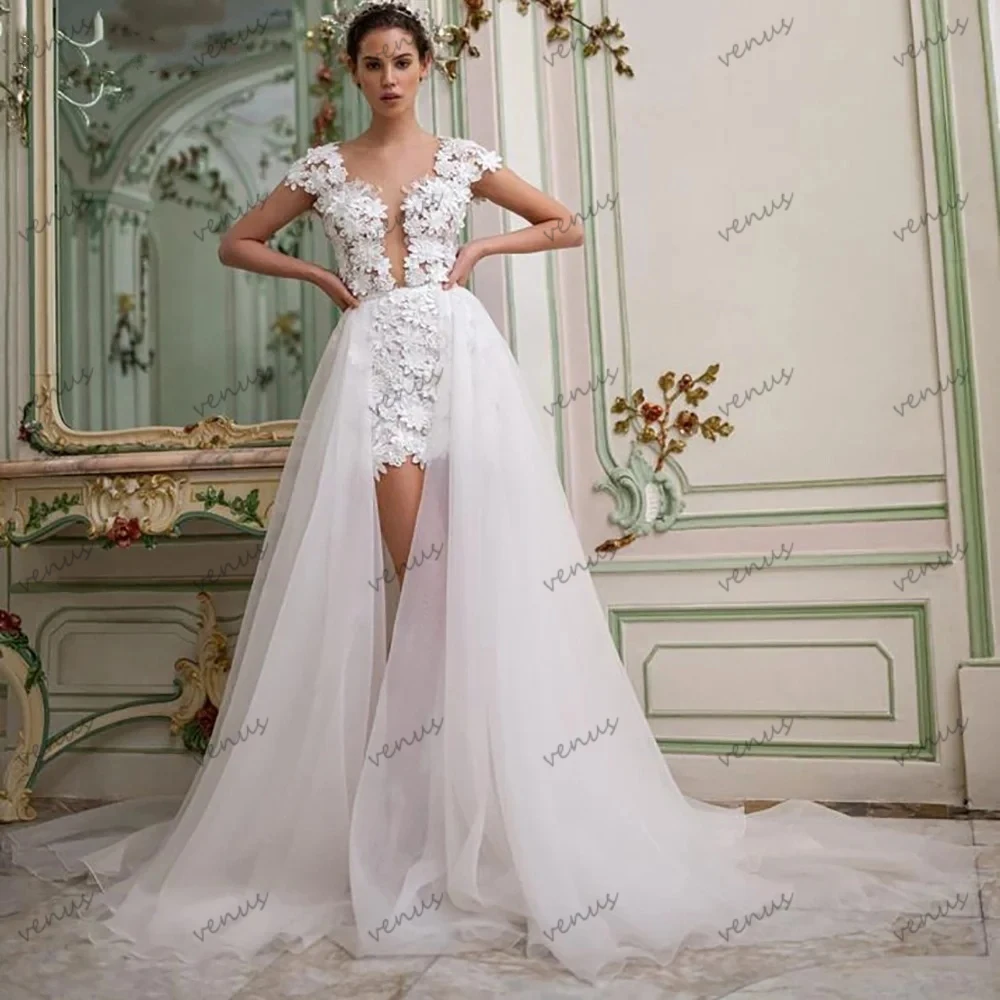 

Vintage Wedding Dresses For Women 2024 Mini Dress Sweep Train Bridal Gowns Lace Appliques Backless Cap Sleeves Vestidos De Novia
