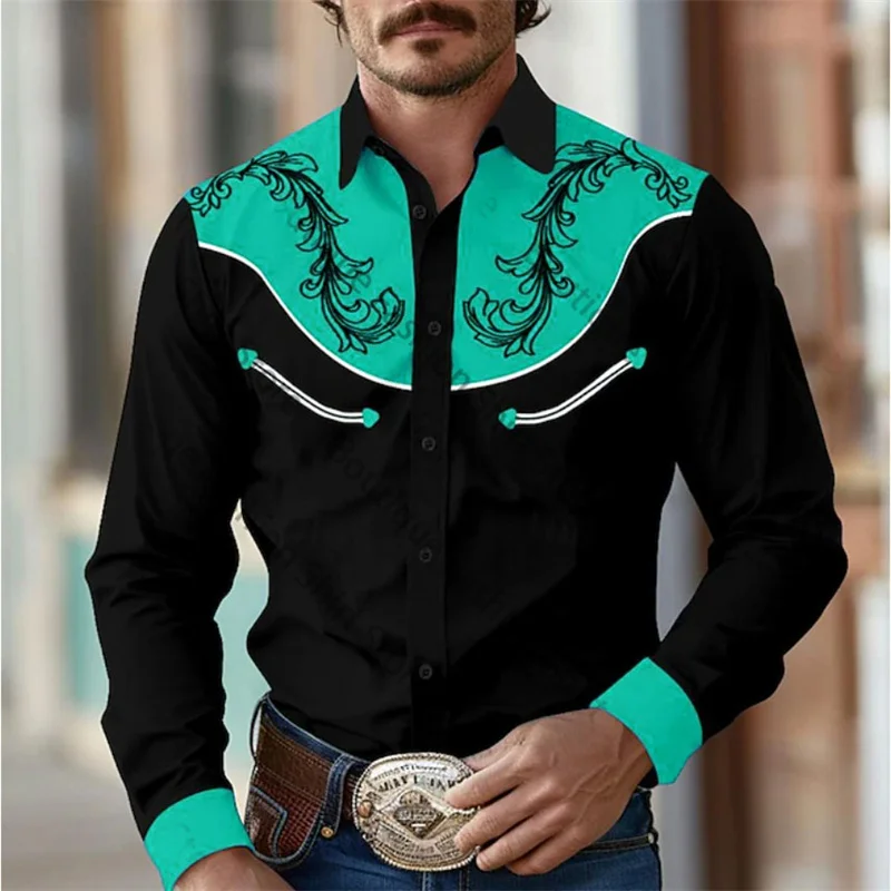 Camisa de hombre estilo retro occidental con estampado floral 2024, informal, para exteriores, calle, uso diario, primavera y verano, con solapa, manga larga, color negro, tallas S a 5XL, tejido elást