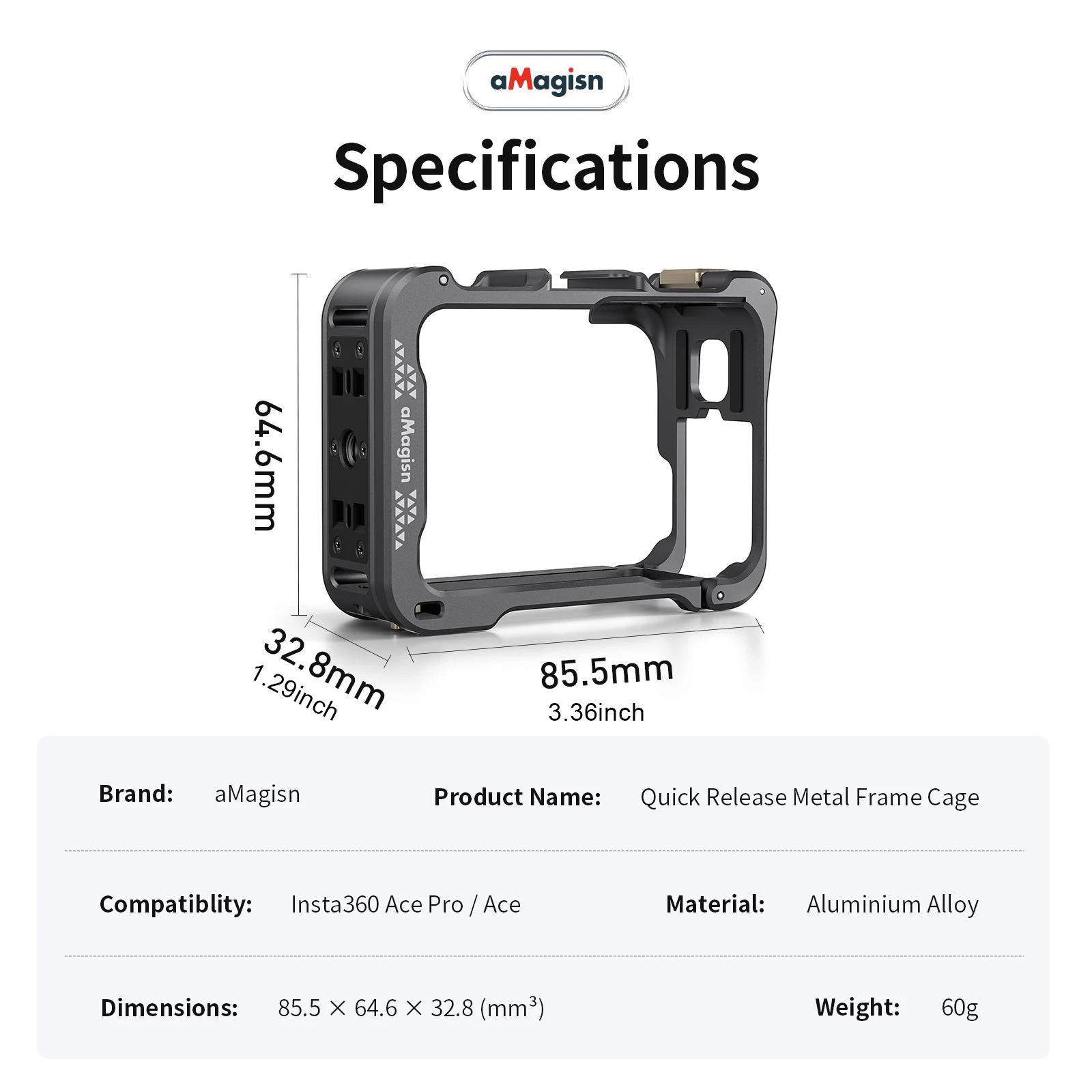 Magisn Metal Action Camera Cage for Insta360 Ace/Ace Pro Portable Quick Release Protection Frame Aluminium Alloy Housing Frame action camera accessory action camera protector