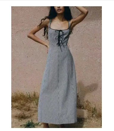 

Elegant Vintage Slim Waist Square Collar Midi Dress For Ladies 2023 Lace-Up Black Plaid Mid-Calf Length Robes