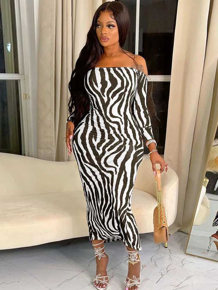 

Sexy Hip Hugging Dresses For Women Zebra Stripes Printed Design Slash Neck Full Sleeve Backless Long Sheath Female Vestidos Robe