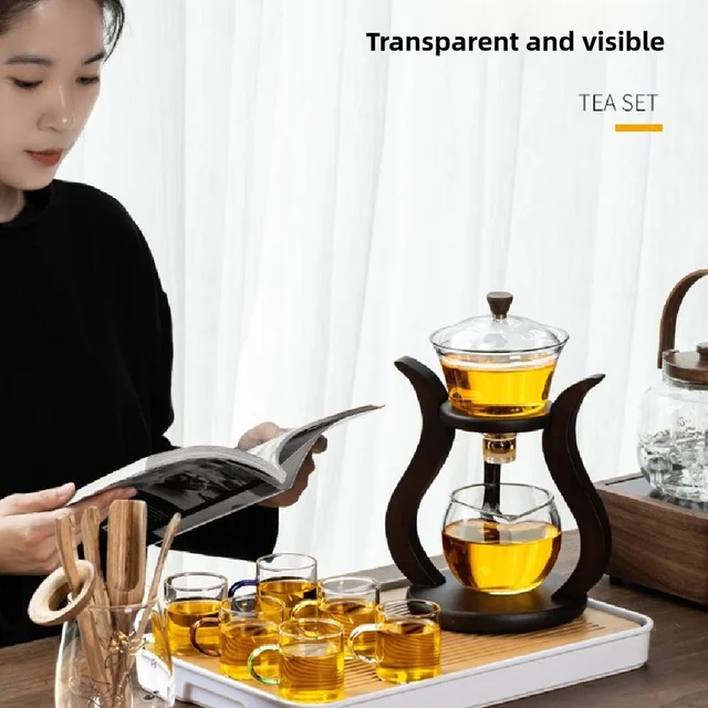 Lazy Kung Fu Drip Teapot, Magnetic Flow Semi-Automatic Glass Teapot Set, Heat Resistant Tea Set, Gift 3