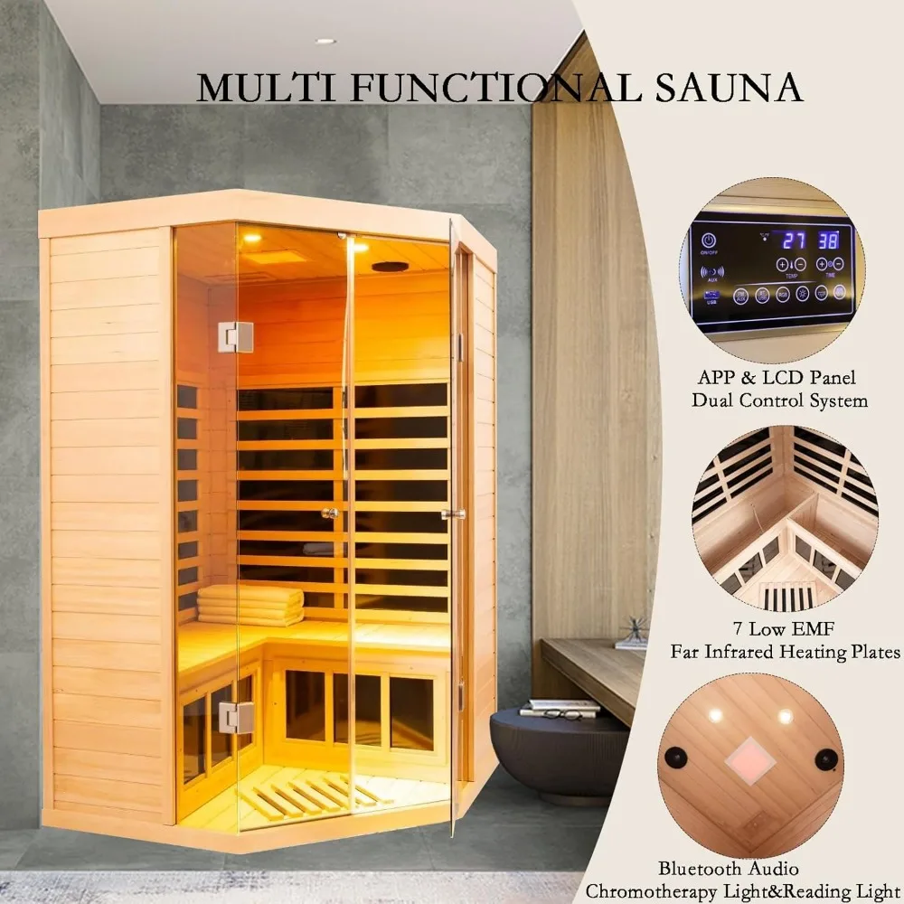 2-3 Person Low EMF FAR Infrared Sauna, Hemlock 2 Door Luxury Toughened Glass Indoor Saunas For The Home, 1520w, App & LCD 3