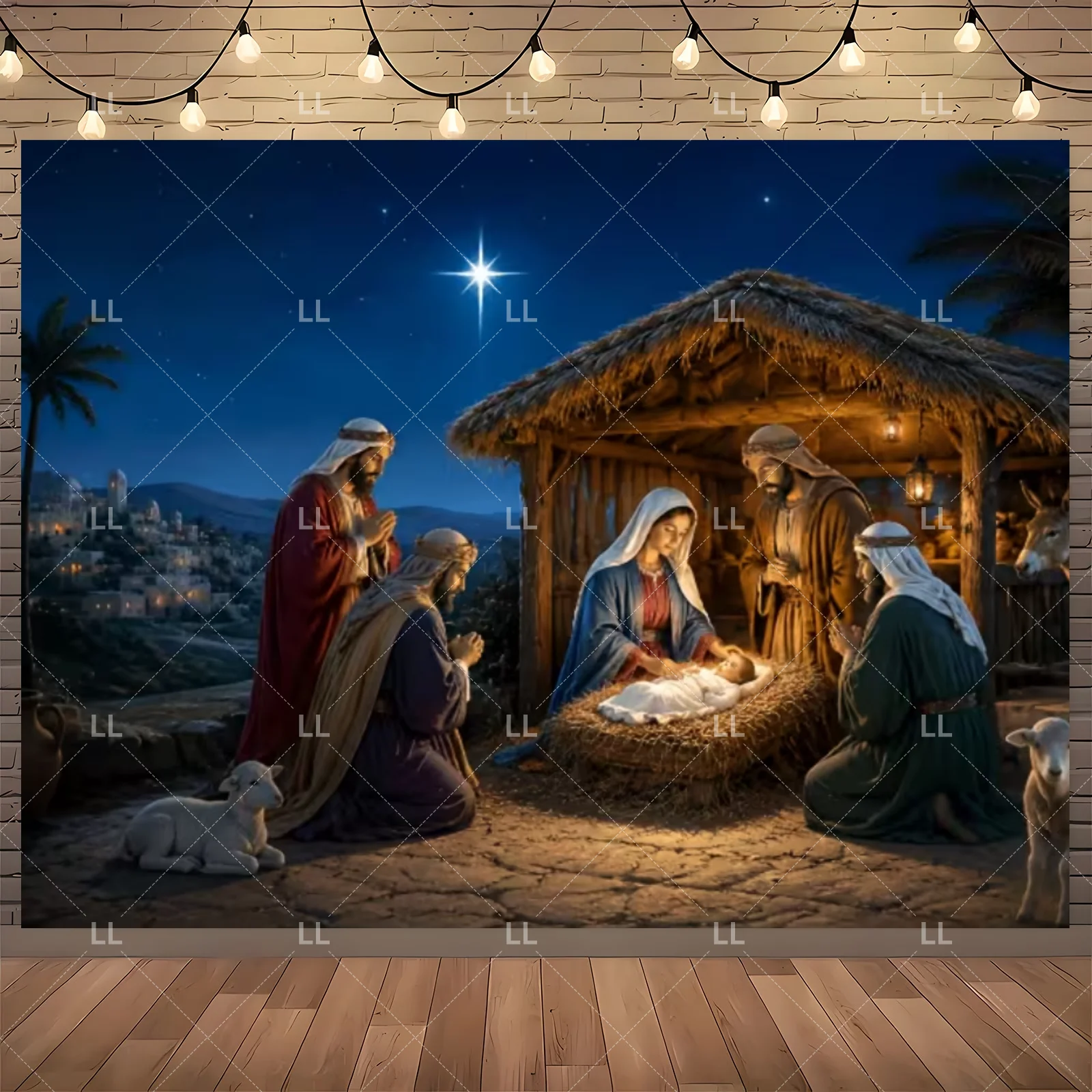 Starry Night Nativity Scene Backdrop - Traditional Christmas Party Decor and Photo Prop