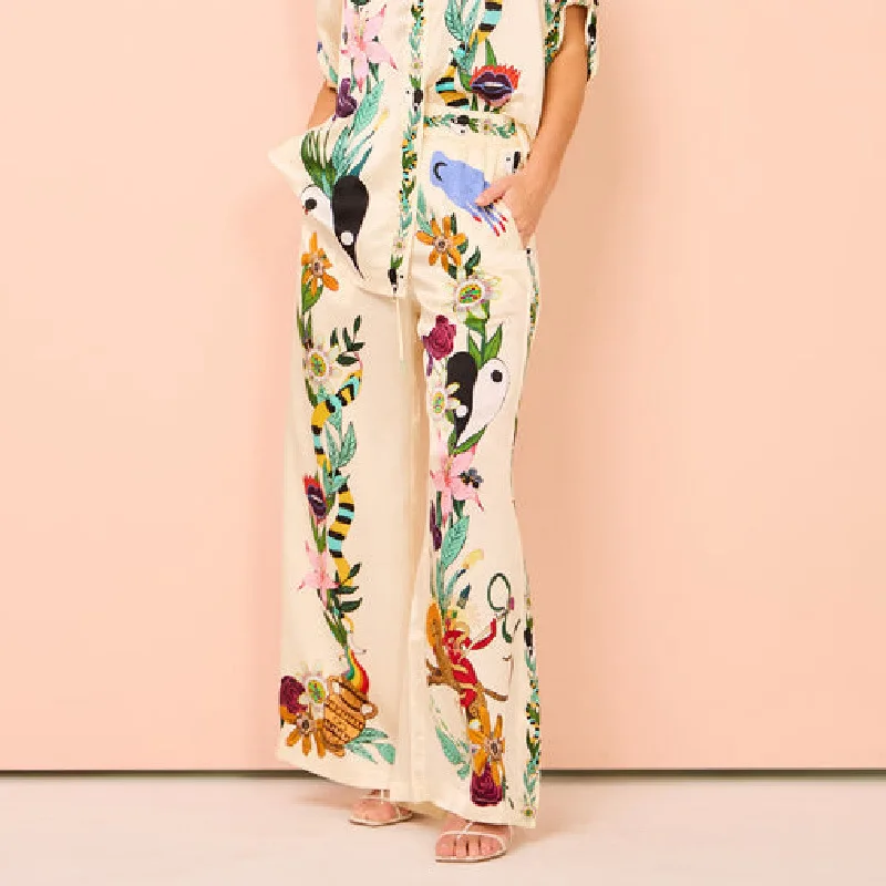 New Women Spring Chiffon Hand-Painted Printing Satin Surface Short Sleeve Lapel Collar Shirt Loose Trousers Casual Two Piece Set